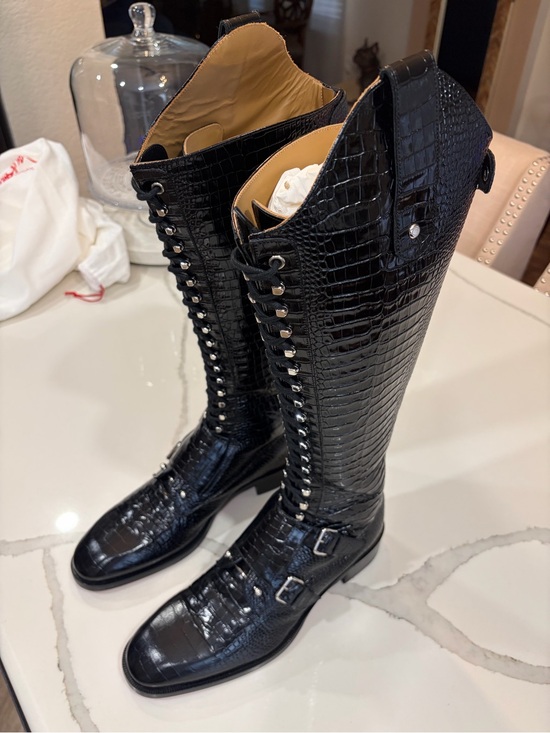 Christian Louboutin Black Croc-Embossed Lace-Up Knee Boots main image 13